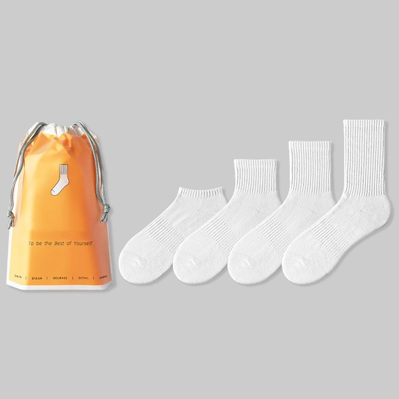 Men's Medium Length Pure White Towel Bottomed Socks Sport Thin Pure Cotton