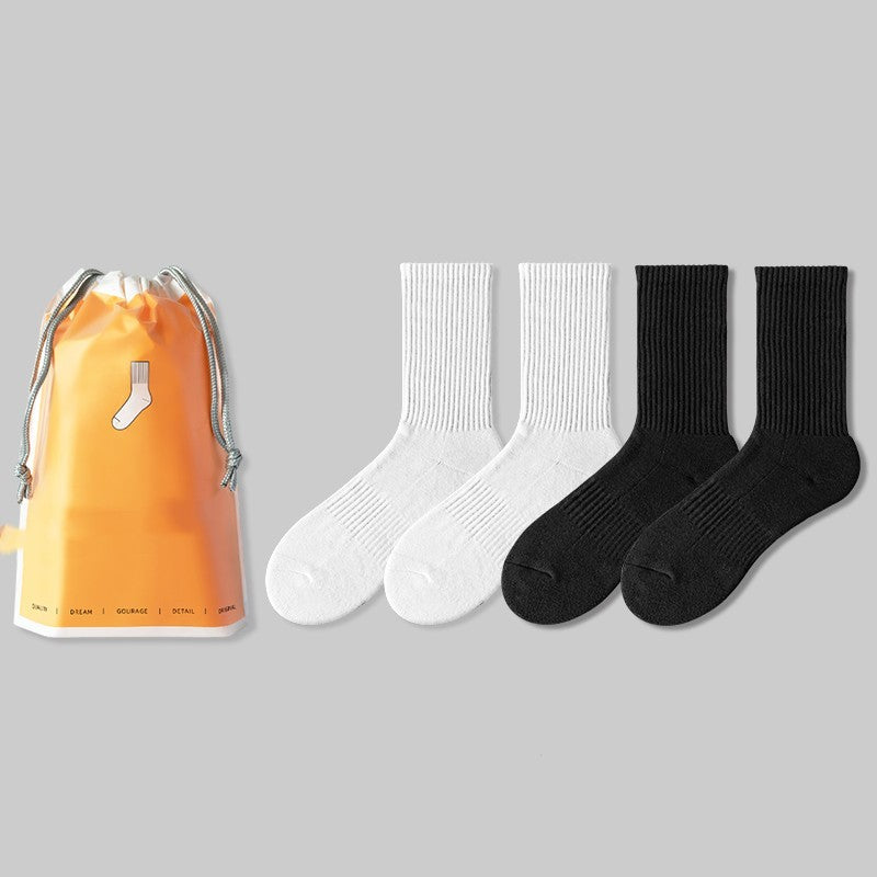 Men's Medium Length Pure White Towel Bottomed Socks Sport Thin Pure Cotton