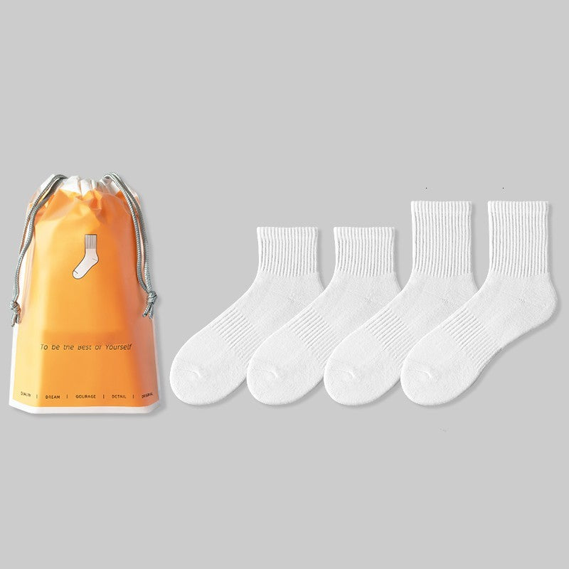 Men's Medium Length Pure White Towel Bottomed Socks Sport Thin Pure Cotton