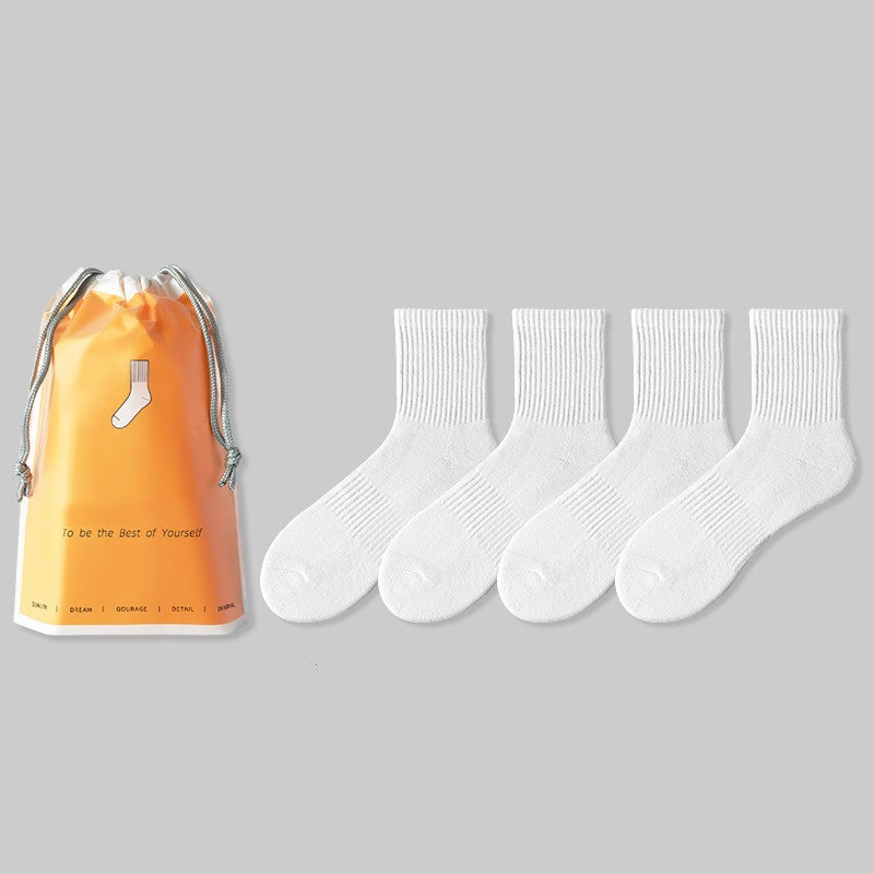 Men's Medium Length Pure White Towel Bottomed Socks Sport Thin Pure Cotton