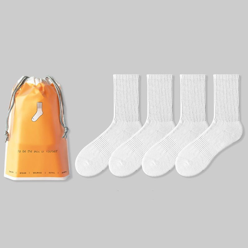 Men's Medium Length Pure White Towel Bottomed Socks Sport Thin Pure Cotton