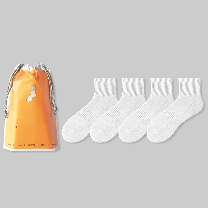 Men's Medium Length Pure White Towel Bottomed Socks Sport Thin Pure Cotton