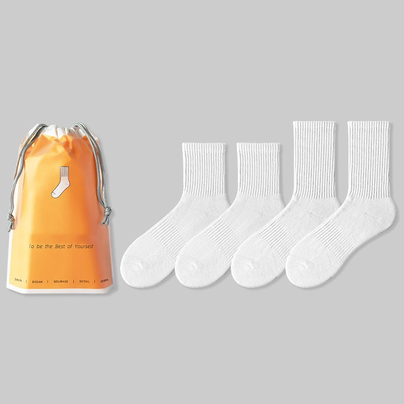 Men's Medium Length Pure White Towel Bottomed Socks Sport Thin Pure Cotton