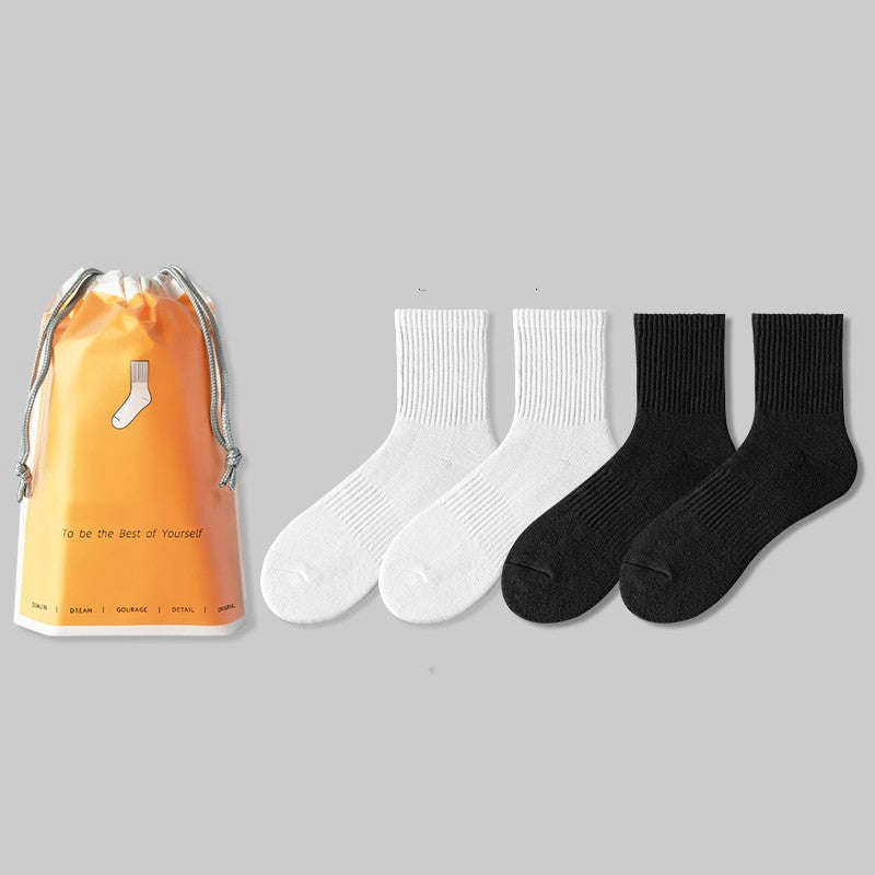 Men's Medium Length Pure White Towel Bottomed Socks Sport Thin Pure Cotton