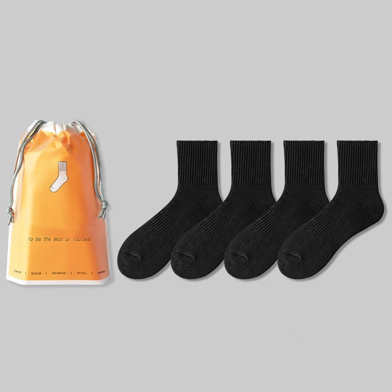 Men's Medium Length Pure White Towel Bottomed Socks Sport Thin Pure Cotton